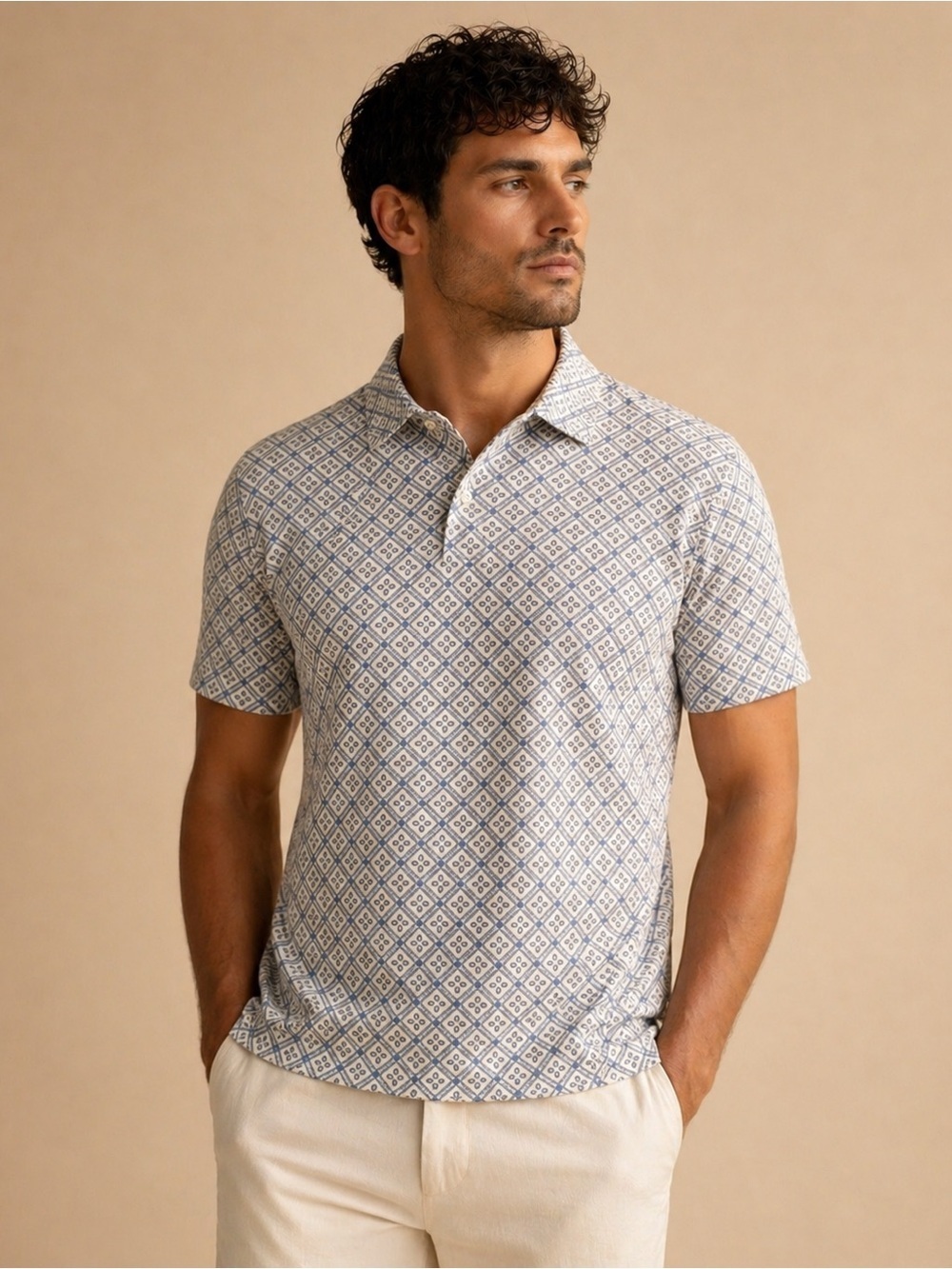 Grand Slam Geometric Print Polo in Blue and White